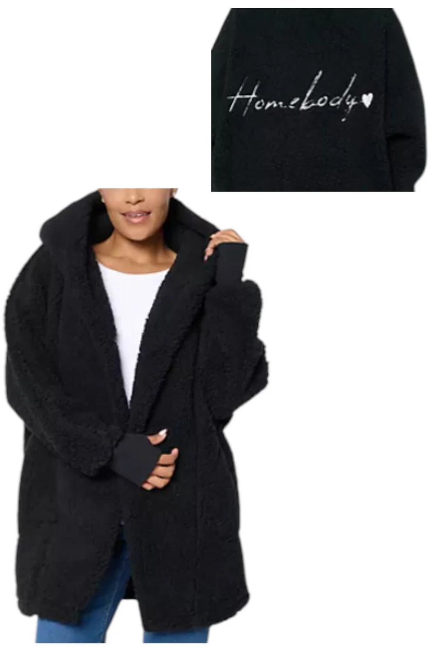 By Jill Martin Women's Sherpa Embroidered Hooded Lounger Black - Regular